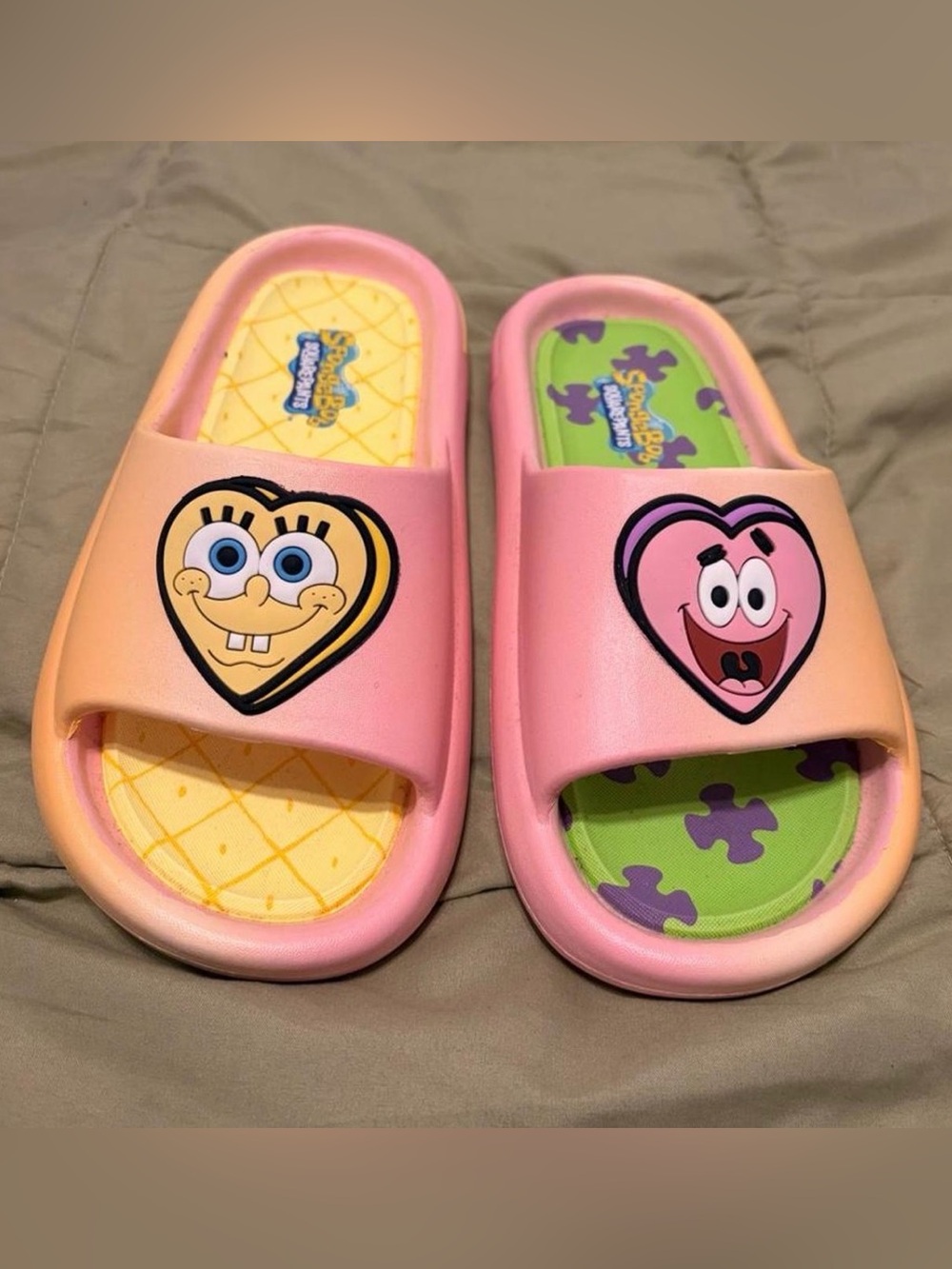 SpongeBob Squarepants Pink Kids Heart Slide Sandals with Character Faces